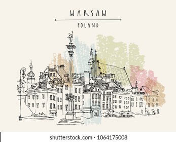 Castle Square in Warsaw. King Sigismund's Column (Kolumna Zygmunta), St. John's Archicathedral, St. Martin's church, beautiful tenement houses. Sketch drawing. Vintage vector travel handdrawn postcard