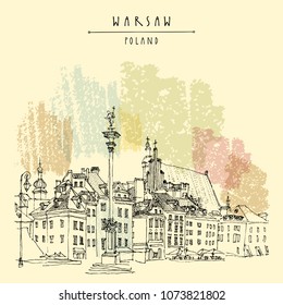 Castle Square in Warsaw. King Sigismund's Column (Kolumna Zygmunta), St. John's Archicathedral, St. Martin's church, beautiful tenement houses. Sketch drawing. Vintage vector travel handdrawn postcard