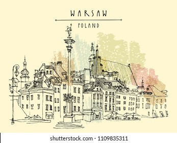 Castle Square in Warsaw. King Sigismund's Column (Kolumna Zygmunta), St. John's Archicathedral, St. Martin's church, beautiful tenement houses. Sketch drawing. Vintage vector travel handdrawn postcard