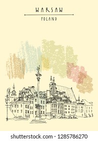 Castle Square in Warsaw. King Sigismund's Column (Kolumna Zygmunta), St. John's Archicathedral, St. Martin's church, beautiful tenement houses. Sketch drawing. Vintage vector travel handdrawn postcard