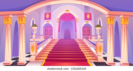 Castle Staircase, Upward Stairs In Palace Entrance With Pillars, Statues, Red Rag And Wooden Doors, Medieval Architecture Empty Fantasy Or Historical Building Hall Interior Cartoon Vector Illustration