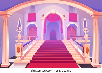 Castle staircase, upward stairs in palace entrance with statues, red rag and wooden doors, medieval architecture design, empty fantasy or historical building hall interior. Cartoon vector illustration