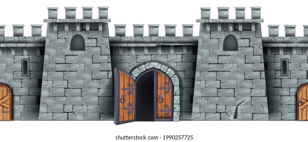 Castle stone wall, seamless medieval game background, opened wooden city gate, old door, loopholes. Brick fortress illustration, town entrance fortification isolated clipart. Ancient gray castle wall