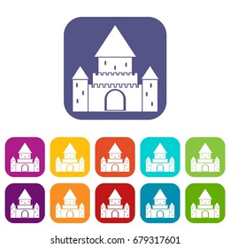 Castle, Switzerland icons set vector illustration in flat style In colors red, blue, green and other