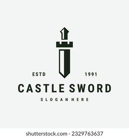 Castle sword logo vector icon illustration hipster vintage retro