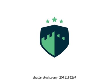 Castle Symbol Design. Vector Logo Template. A kingdom shield of a vintage medieval and classic castle fortress with three stars on the top. A royal and superior real estate house crest emblem represen