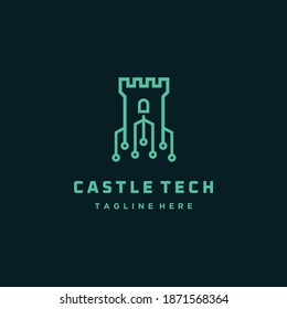 Castle Tech, Digital Castle Line Art Logo Design  