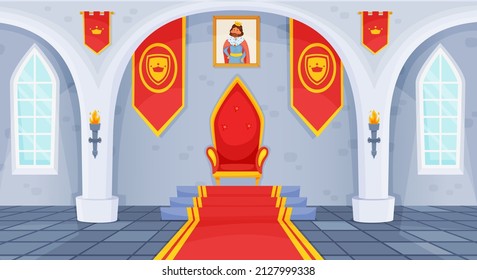 Castle throne room, royal palace interior, medieval ballroom. Cartoon fairytale kingdom hall with king thrones chair, flags vector illustration. Furniture gallery medieval, european comfortable