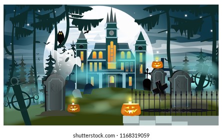 Castle and tombs in forest, with ghost and candles in moonlight. Halloween night background. Holiday concept. For websites, wallpapers, banners or posters