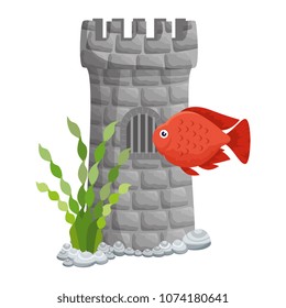 castle tower aquarium with seaweed and color fish