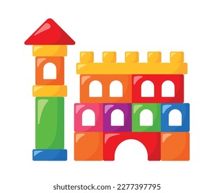 Construcción de castillo y torre a partir de coloridos bloques de cubo de madera. Niños y niños juguetean ilustraciones vectoriales para la creatividad de juegos y actividades.