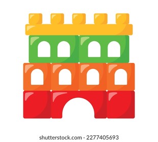 Castle and tower building from colorful wooden cube blocks. Kids and children toy vector illustration for game and activity creativity.
