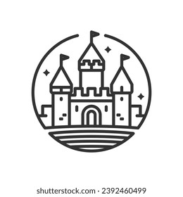 Torre del castillo en icono circular, ilustración vectorial de la línea medieval de la fortaleza con fondo transparente.