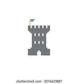 Castle tower with cross stitch element embroidery design or sewing handcraft