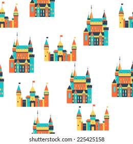 Castle tower fairy tale flat style icon isolated. Pattern template on white background.  Seamless background.