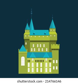 Castle tower fairy tale icon.  Iconic flat-style pattern isolated in night.