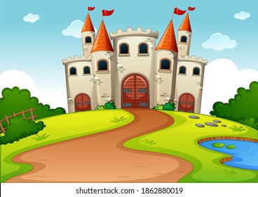 Castle tower fairytale land cartoon scene illustration