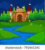 Castle tower in the field at night time illustration