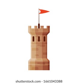 Castle Tower with Flag, Element of Medieval Stone Fortress Vector Illustration