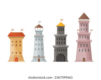 Castle tower icon in flat style. Medieval citadel vector illustration on isolated background. Stronghold building sign business concept.