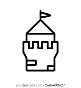 Ícone da torre do castelo em estilo de linha com altas ameias e linhas de tijolos uniformes. Ideal para cenas de proteção do reino, mapas de defesa e arte do reino de fantasia.