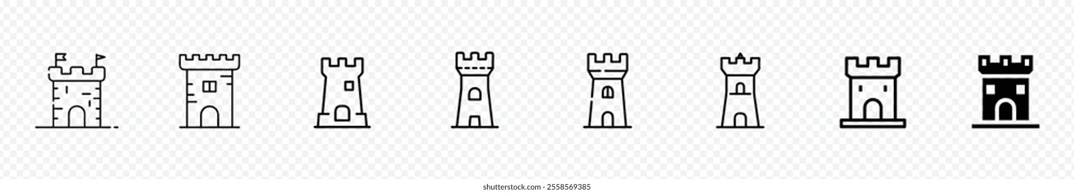 Castle tower icon. Castle tower linear silhouette. Castle icon set. medieval castles icon set. 