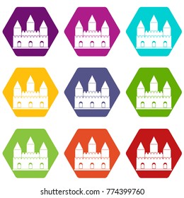 Castle tower icon set many color hexahedron isolated on white vector illustration