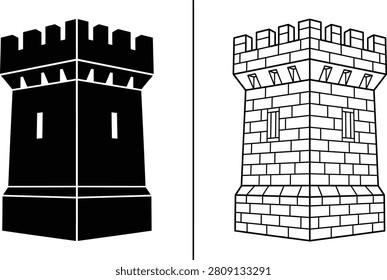 Castle Tower Icon Set with Two Stylized Minimalist Black and White Stronghold Symbols