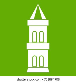 Castle tower icon white isolated on green background. Vector illustration