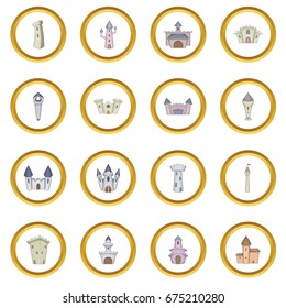 Castle tower icons circle gold in cartoon style isolate on white background vector illustration