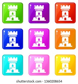 Castle tower icons set 9 color collection isolated on white for any design