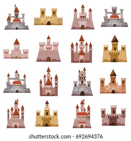 Castle tower icons set. Cartoon illustration of 16 castle tower vector icons for web