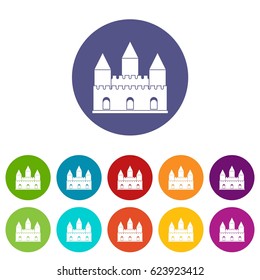 Castle tower icons set in circle isolated flat vector illustration