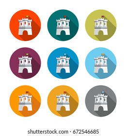 Castle tower icons set in circle, isolated flat symbol with a shadow. Watchtower vector illustration inspired by Portuguese fortress.
