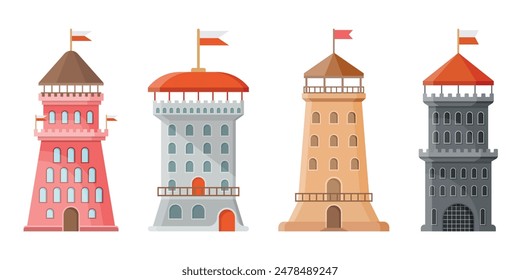 Castle tower icons set in flat style. Medieval citadel vector illustration on isolated background. Stronghold building sign business concept.