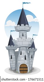Castle Tower/ Illustration of a cartoon old medieval castle fortress, with donjon tower, rocks and stones wall, big wood armored door and flags in the wind