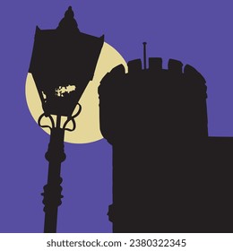 Castle tower with lamppost silhouette