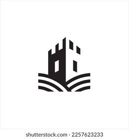 Castle tower with line style vector logo.