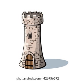 Castle tower. Medieval ancient fortress with a wood gate isolated on white background. Tower in cartoon style.