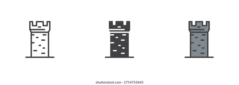Torre del castillo defensa medieval conjunto de iconos de estilo diferente. Línea, contorno relleno e ícono de Vector de color sólido. Símbolo de construcción de fortaleza, letrero de protección, icono de arquitectura para proyectos de historia.