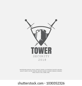 castle tower in the middle of the shield, behind the shield two crossed swords vector illustration, the concept of the sports team