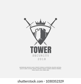 castle tower in the middle of the shield, behind the shield two crossed swords vector illustration, the concept of the sports team