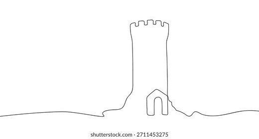 Burgturm in einer durchgehenden Linie einfach linear Stil. Doodle, Vektorgrafik.