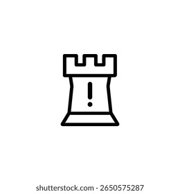 A castle tower outline with a crenelated top, centered with an exclamation mark. Designed in a minimalist, flat 2D vector style.