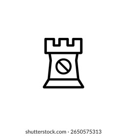 A castle tower outline with a crenelated top, overlaid with a 'no entry' symbol. Designed in a minimalist, flat 2D vector style.