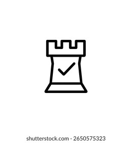 A castle tower outline with a crenelated top, featuring a small checkmark symbol inside. Designed in a minimalist, flat 2D vector style.