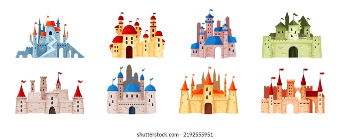 Castle tower set, old medieval palace. Game flag in fort gate, historic magic stone, ancient architecture. Princess and prince buildings. Vector illustration isolated on white background