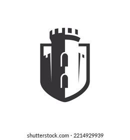 Castle tower and shield for real estate, protect system logo.