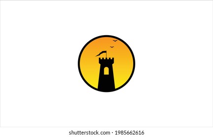 Castle Tower  with sunset and seagull icon logo vector illustration template
