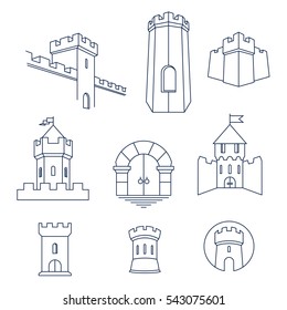 Castle tower, turret, kingdom fortress and castle gate vector line art icon set